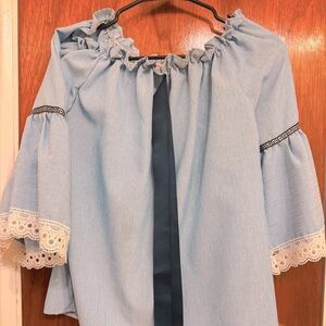 baby doll ruffled blouse/top in sky blue/light blue with lace trimmings